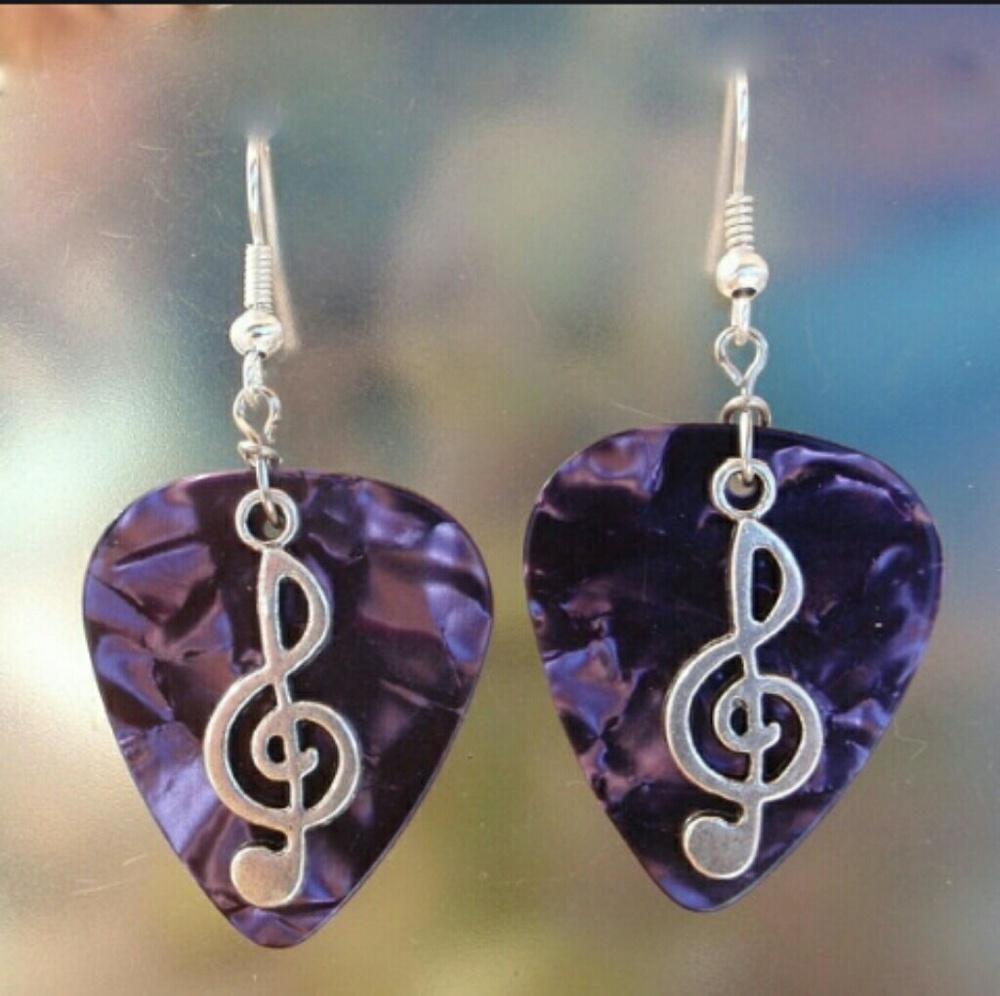 PurpleGuitarPickMusicNoteClefCharmEarrings